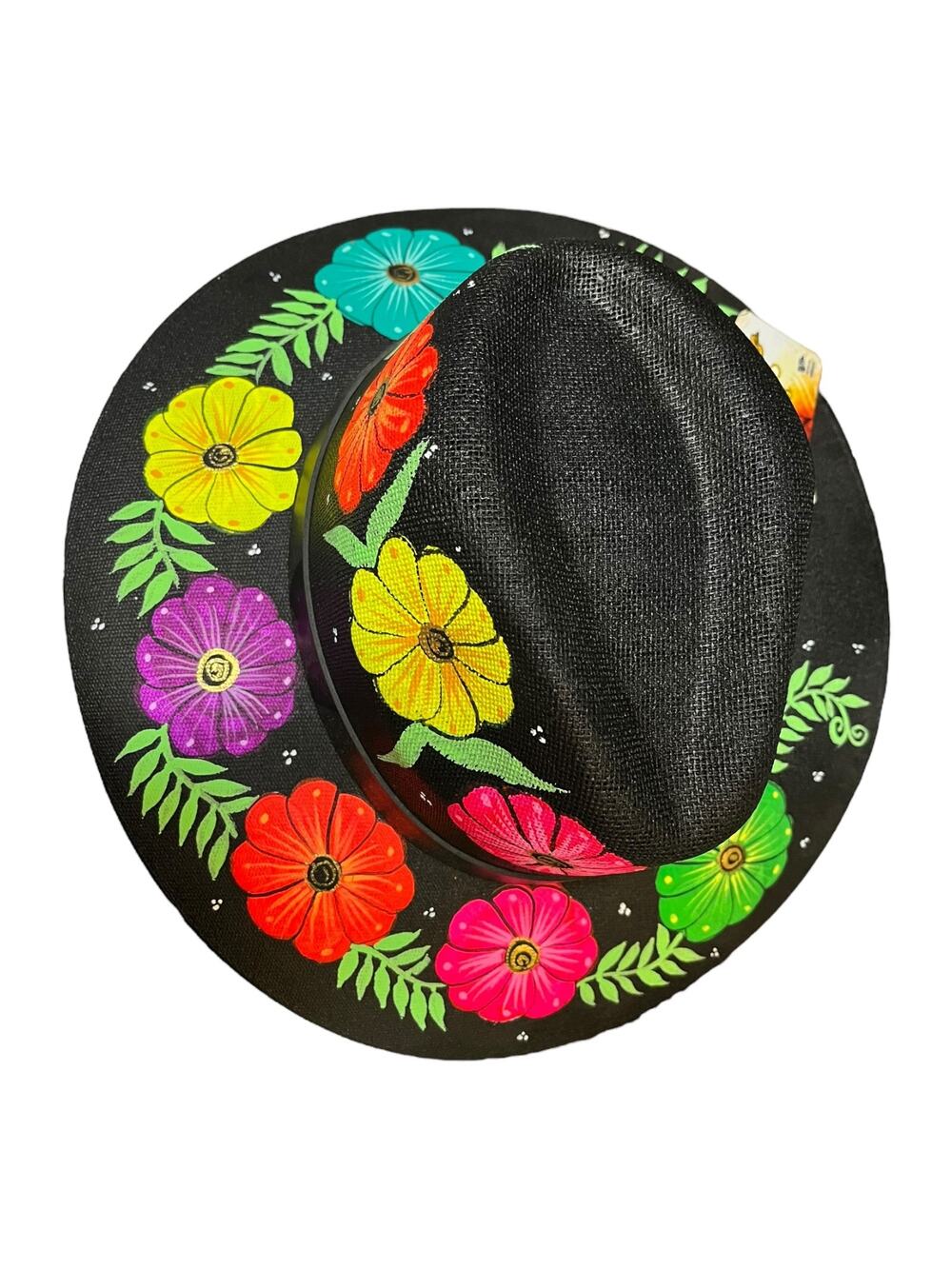 HAT MEXICAN Artisanal Hand Painted Fedora Floral Sombrero Panama Bohemian Black
